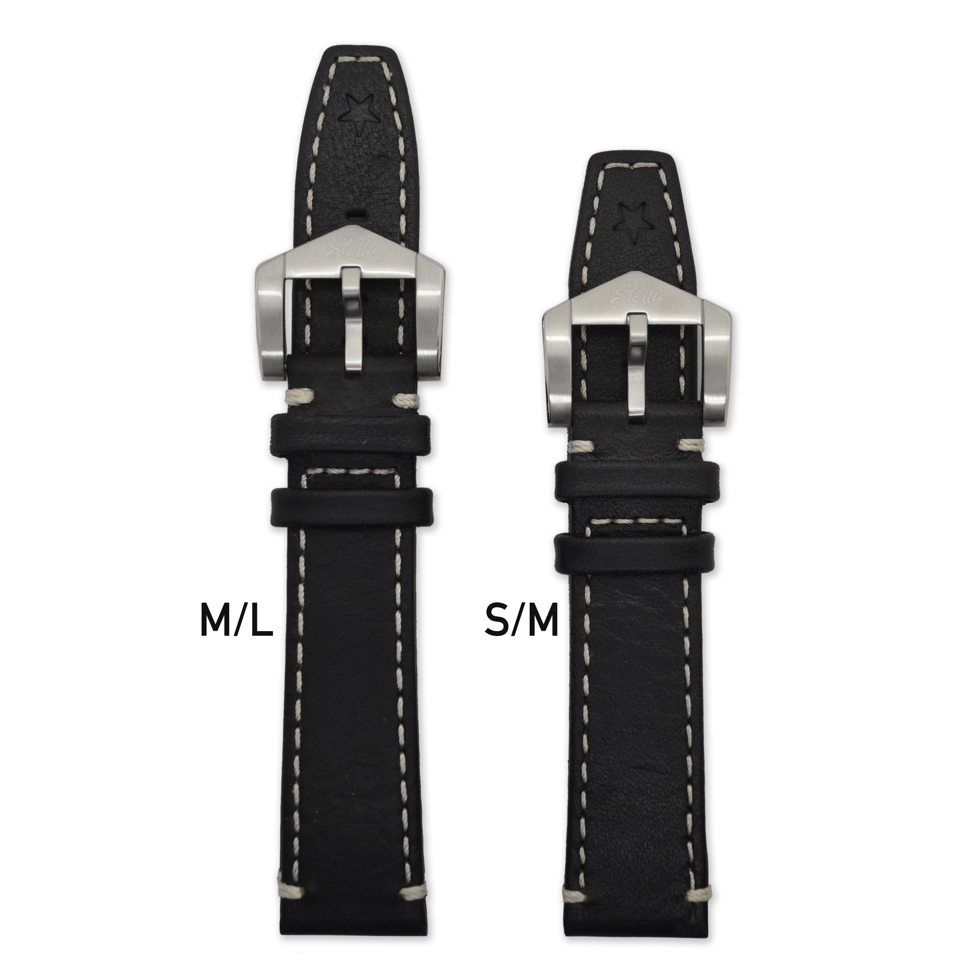 Black cowhide leather strap with cream stitch