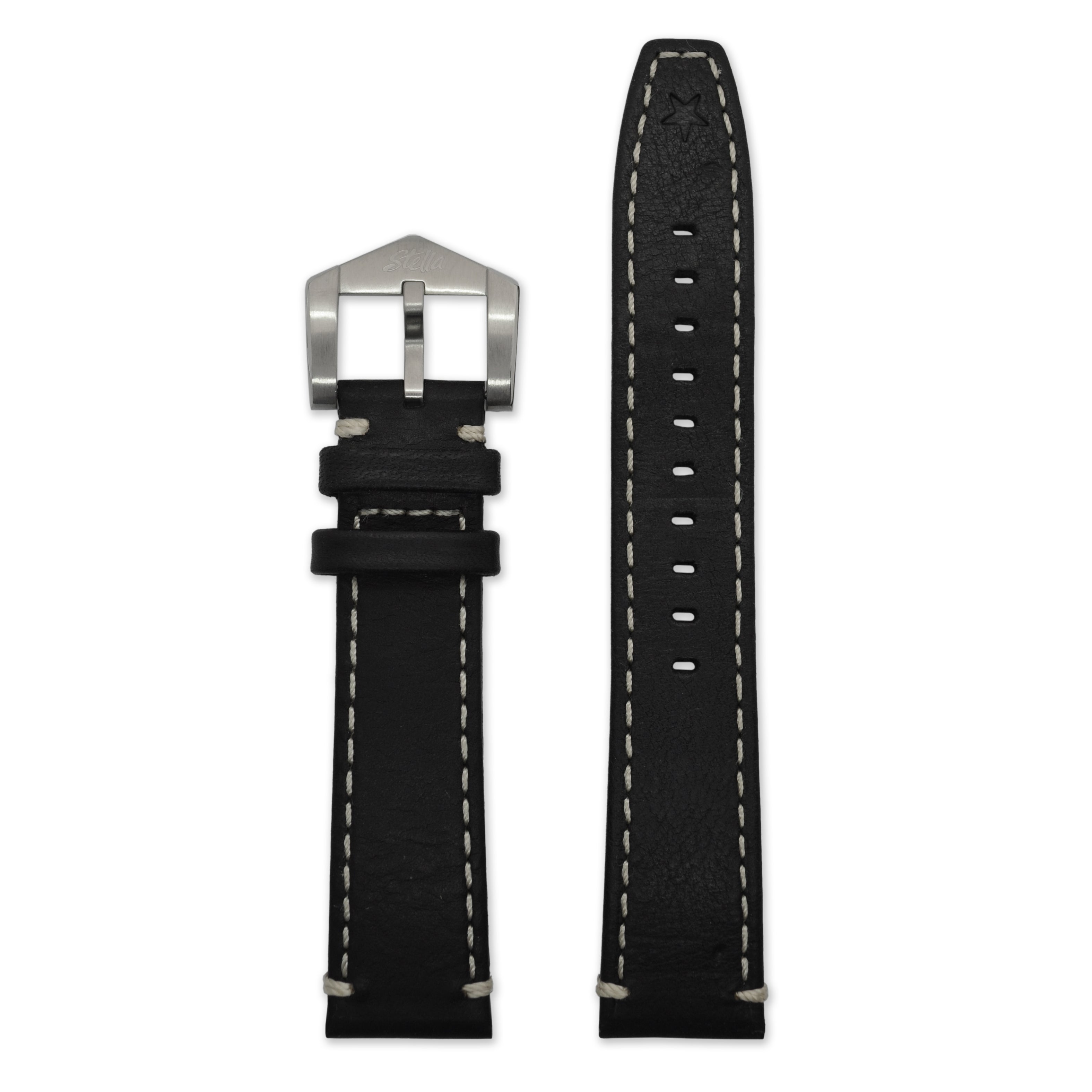 Black cowhide leather strap with cream stitch