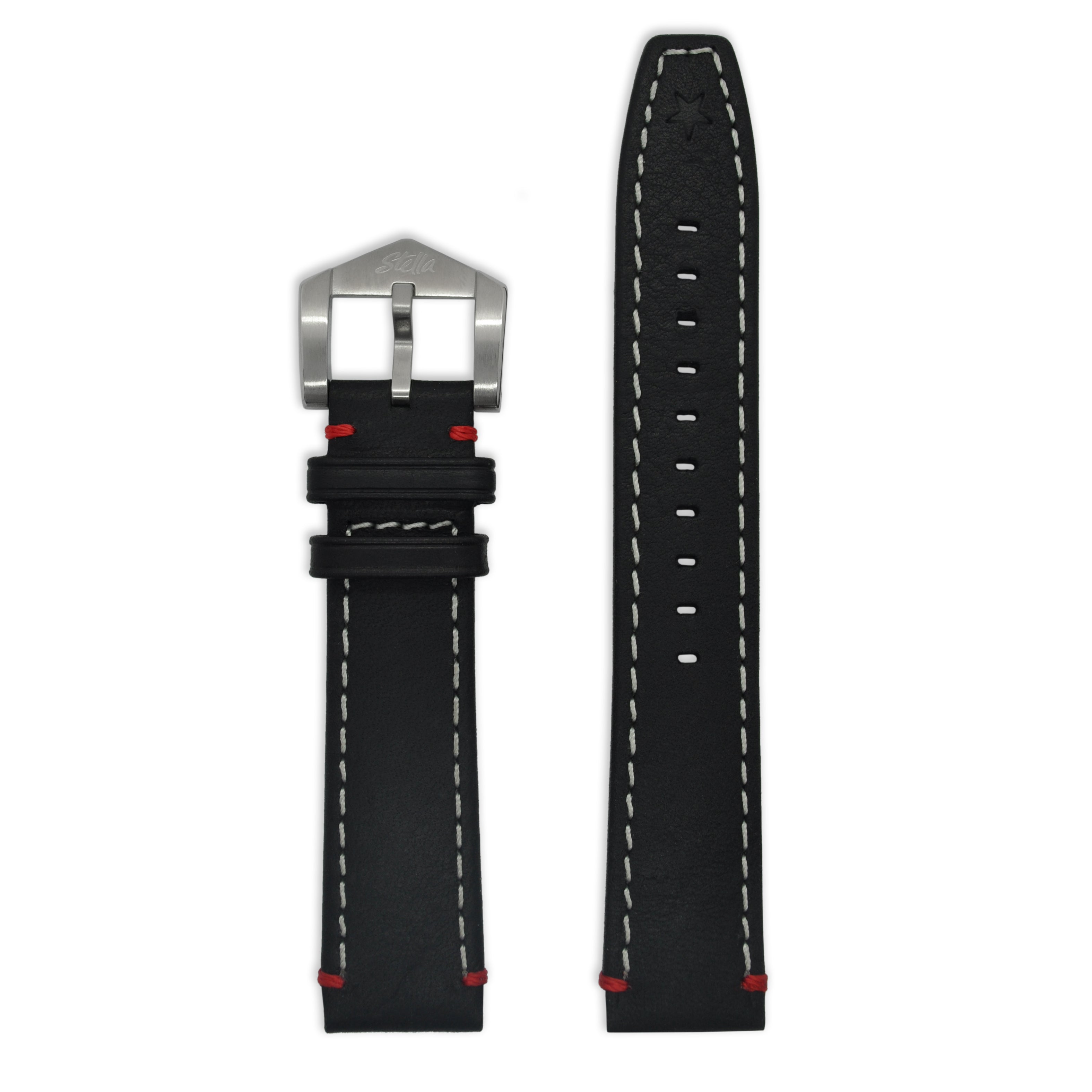 Black cowhide leather strap with red accents