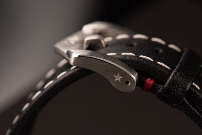 Black cowhide leather strap with cream stitch