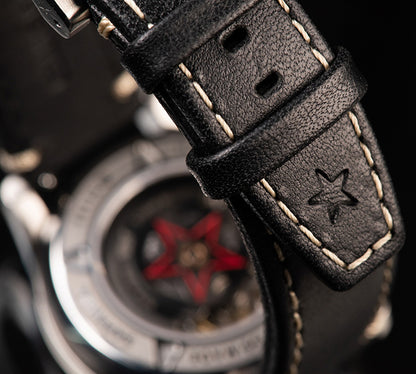 Black cowhide leather strap with cream stitch