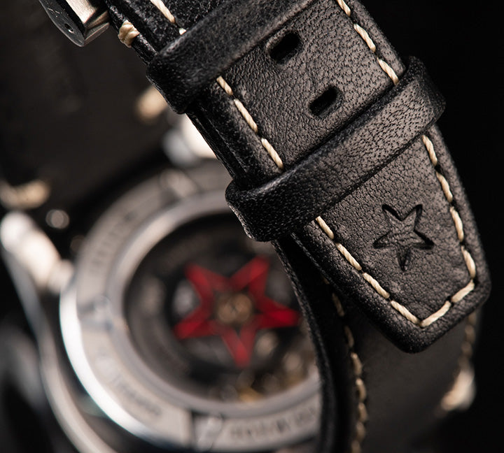 Black cowhide leather strap with cream stitch