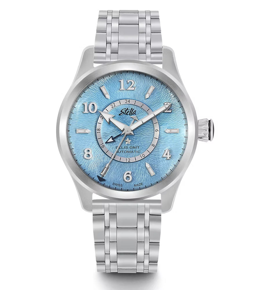 Stella watch with blue face and silver metal strap on white background