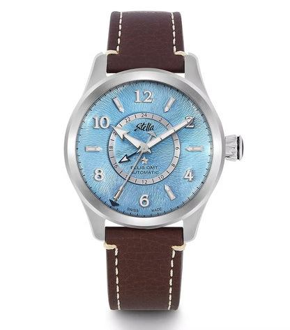 Watch with blue face and brown leather strap on white background