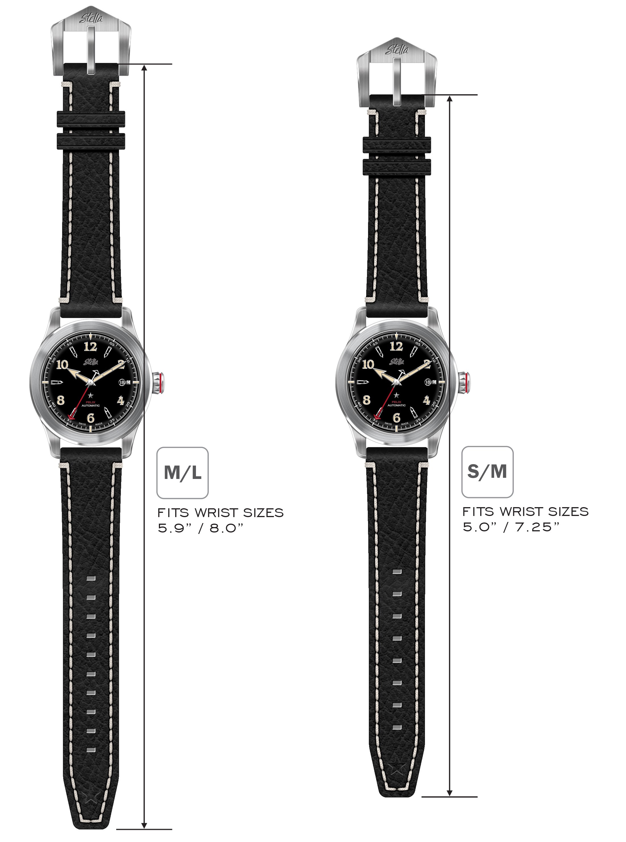 Black cowhide leather strap with cream stitch