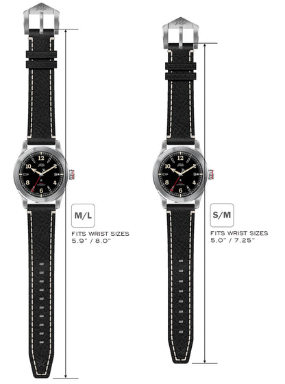Black cowhide leather strap with cream stitch